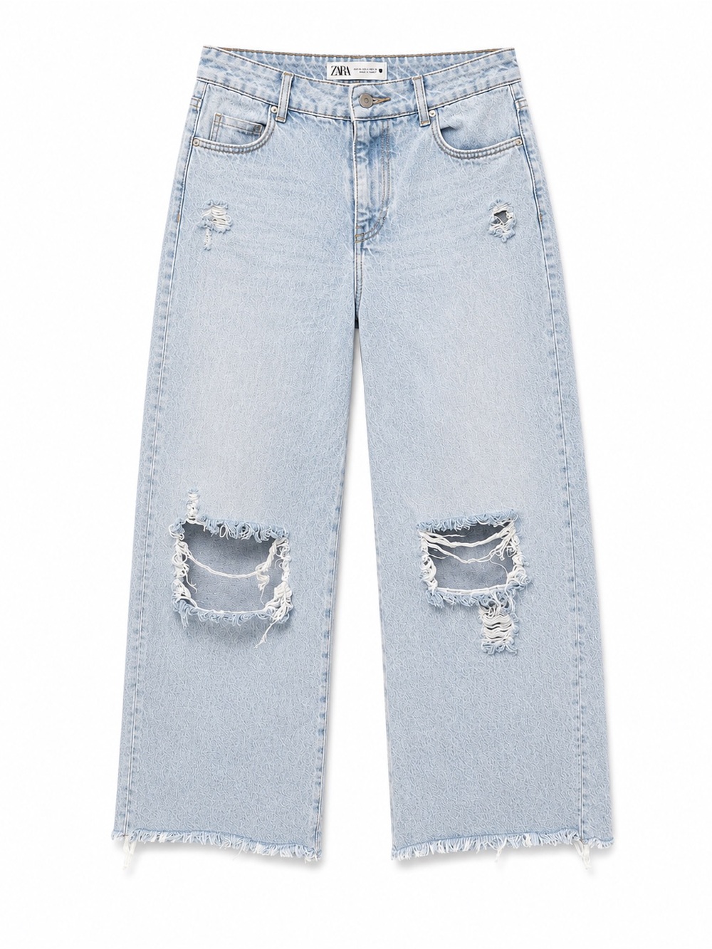 ZARA Pale Blue Distressed Wide-Leg Jeans